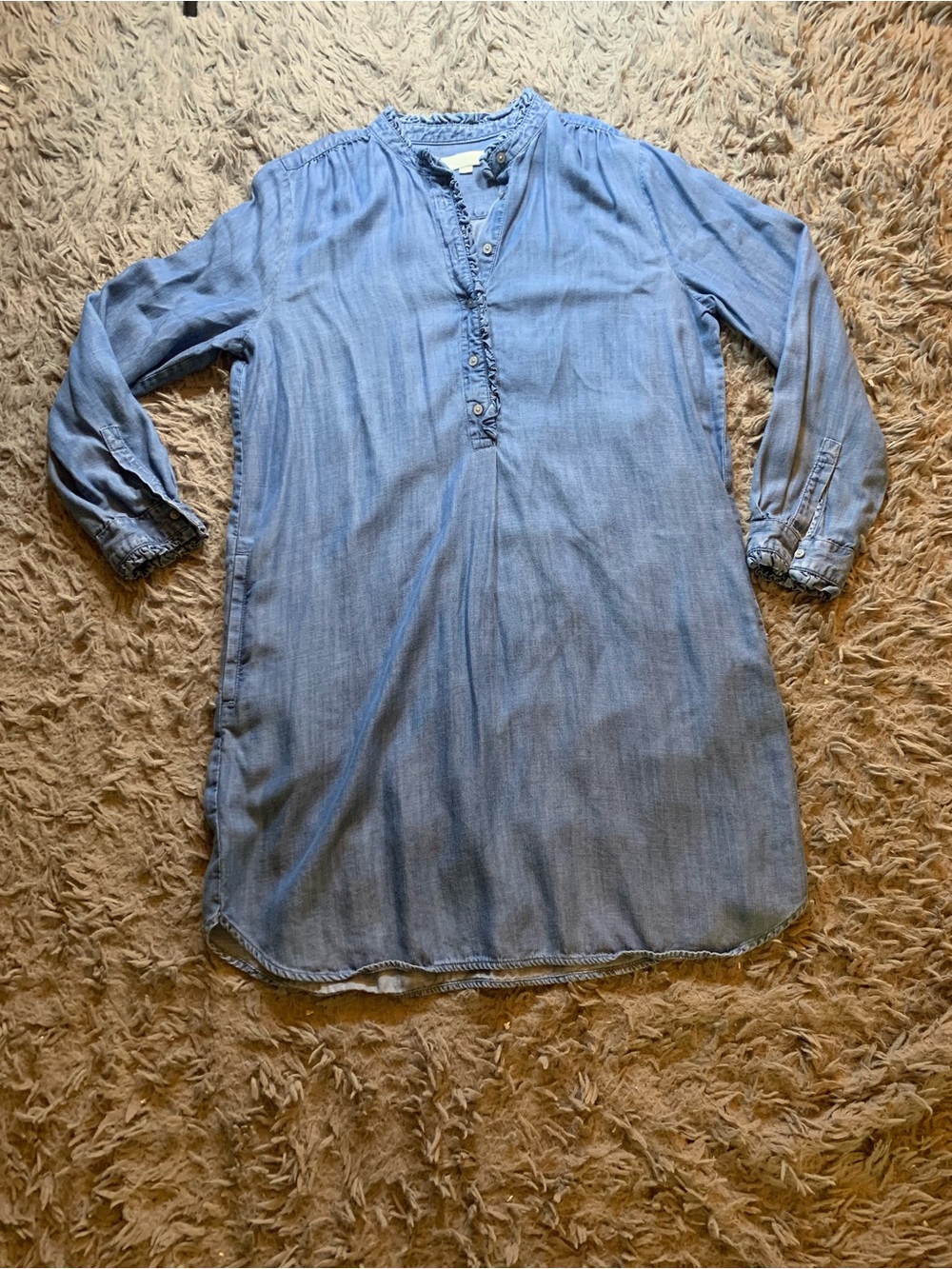 Ann Taylor Loft light wash ruffle trim denim shirt dress sz L